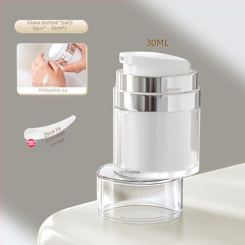 Vakuumska krema u boci za putnu kozmetičku podlogu, uzorak losiona u preši, prazna boca, prijenosna kutija za kremu, staklenka