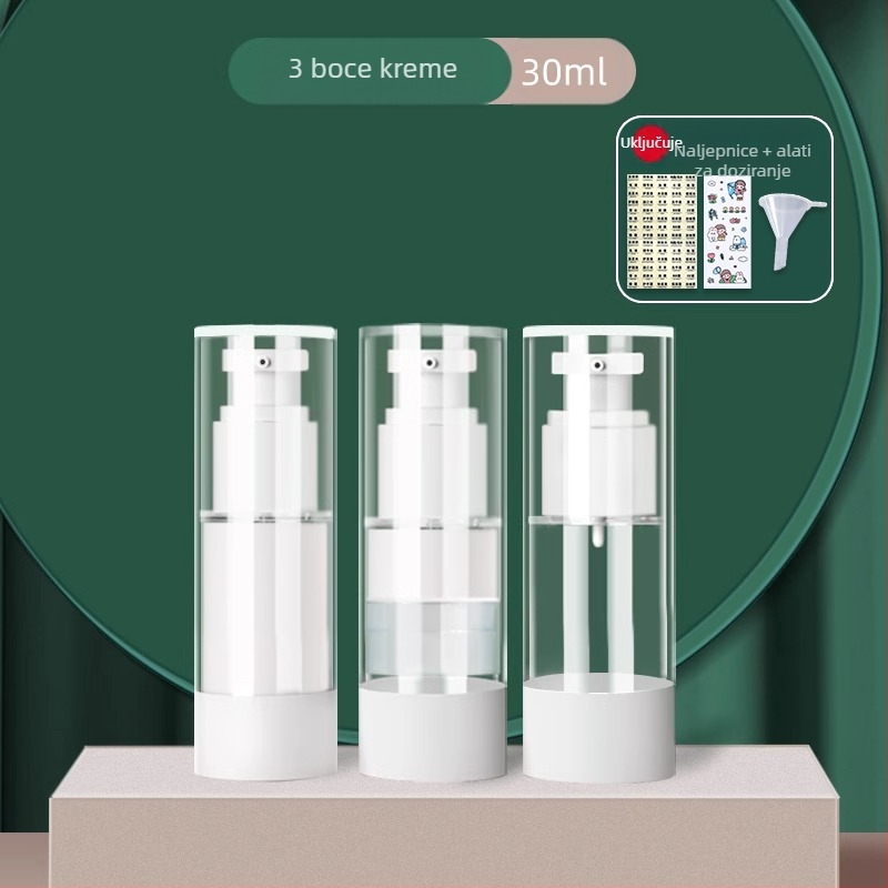 Vakuumska krema u boci za putnu kozmetičku podlogu, uzorak losiona u preši, prazna boca, prijenosna kutija za kremu, staklenka