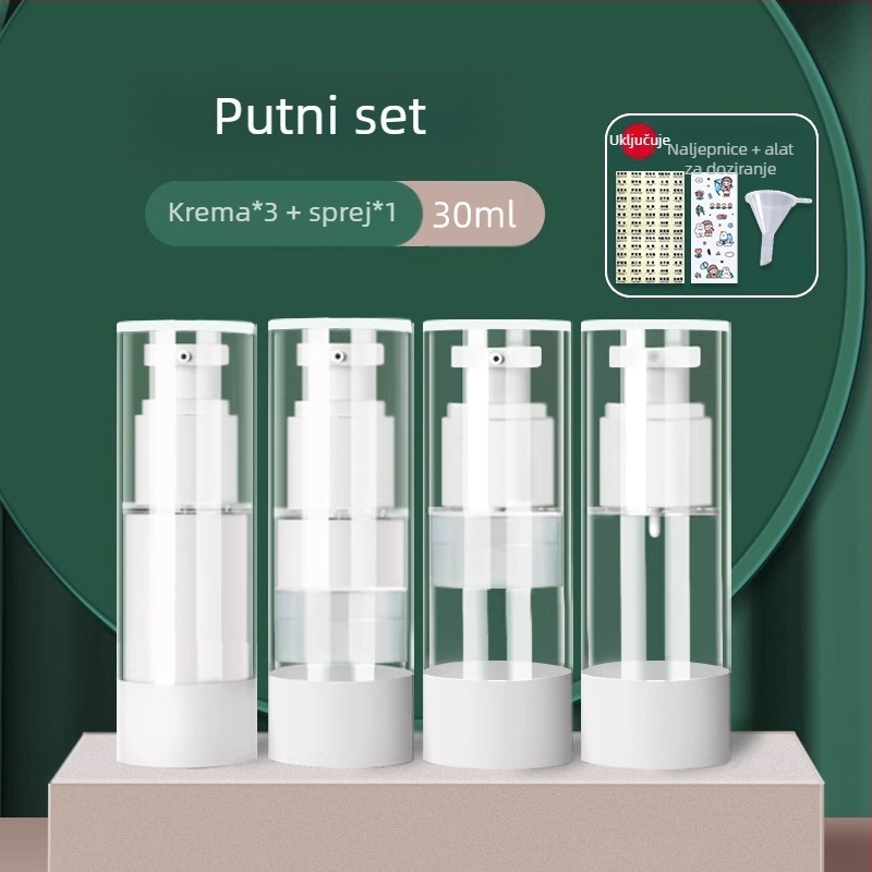 Vakuumska krema u boci za putnu kozmetičku podlogu, uzorak losiona u preši, prazna boca, prijenosna kutija za kremu, staklenka