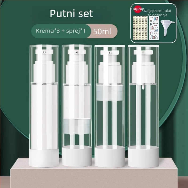 Vakuumska krema u boci za putnu kozmetičku podlogu, uzorak losiona u preši, prazna boca, prijenosna kutija za kremu, staklenka