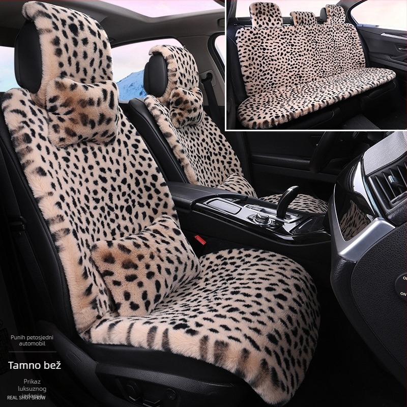 Zimski jastuk za autosjedalicu s leopard printom, plišani jastuk za auto s pet sjedala, univerzalno grijanje, Dalian jastuk za autosjedalicu