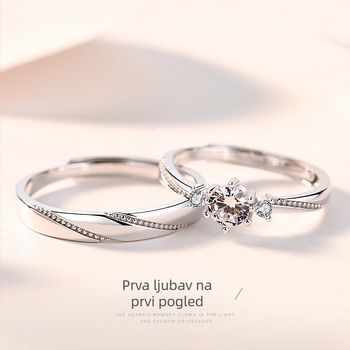 Par srebrnih prstena 925 za par, korejski stil Love at First Sight, otvoreni prsteni, geometrijski dizajn, dijamantno poliranje