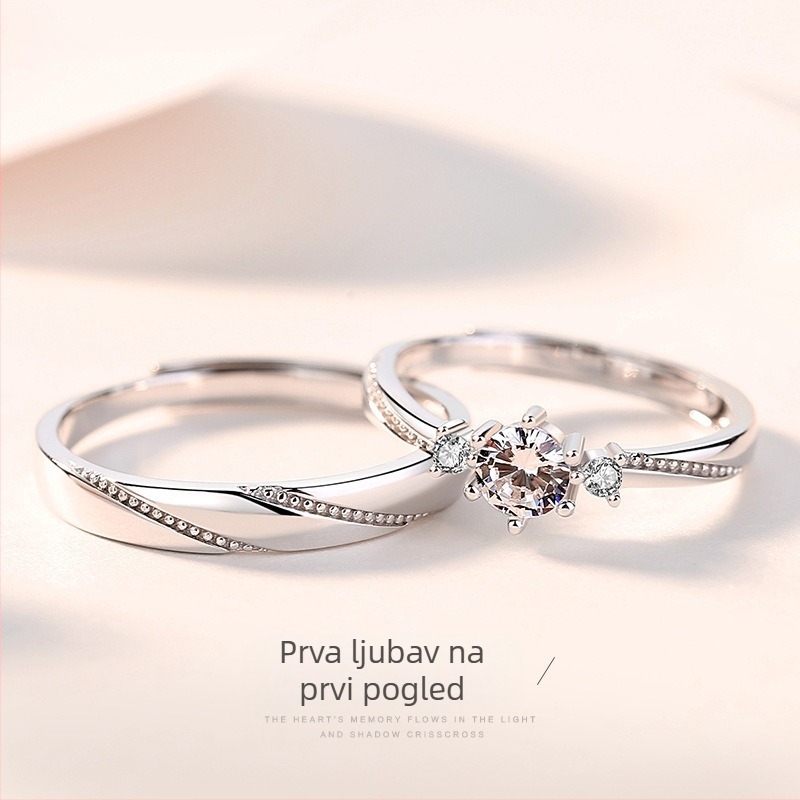 Par srebrnih prstena 925 za par, korejski stil Love at First Sight, otvoreni prsteni, geometrijski dizajn, dijamantno poliranje