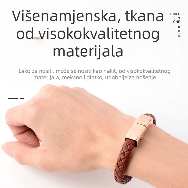 Narukvica podatkovnog kabla za Apple/Huawei/Android — tri sučelja (Lightning, Micro USB, Type-C); konektor s jednim krajem; pleteni materijal