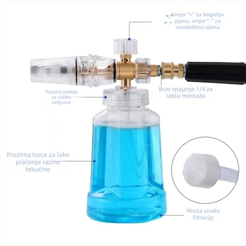 Anlu Shi pištolj za pjenu za pranje automobila s aluminijskom glavom i aluminijskom ručkom, raspon raspršivanja 5-10, tlak vode 4-8, težina 460 g