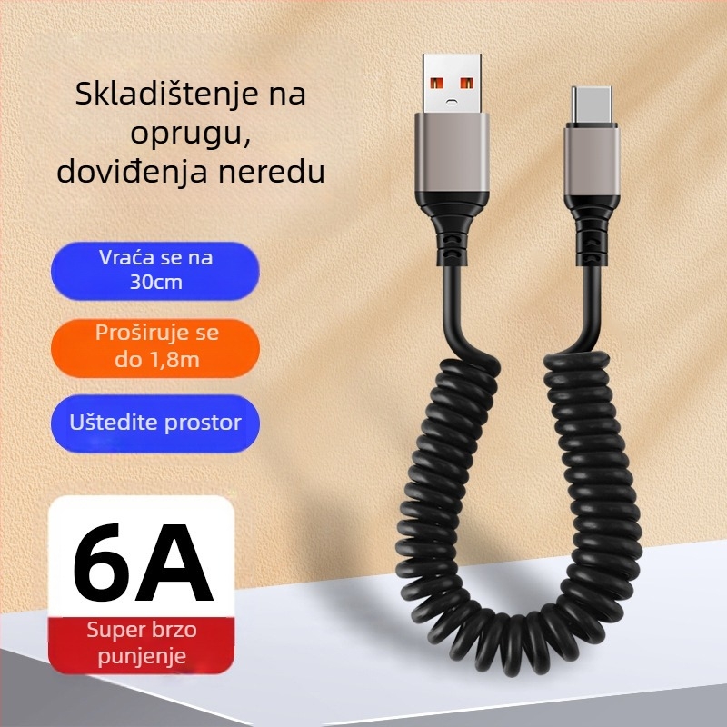 Automobilski izvučni punjački kabel (Lightning i Type-C) 66W, 6A brzo punjenje, materijal: TPE + aluminijska legura
