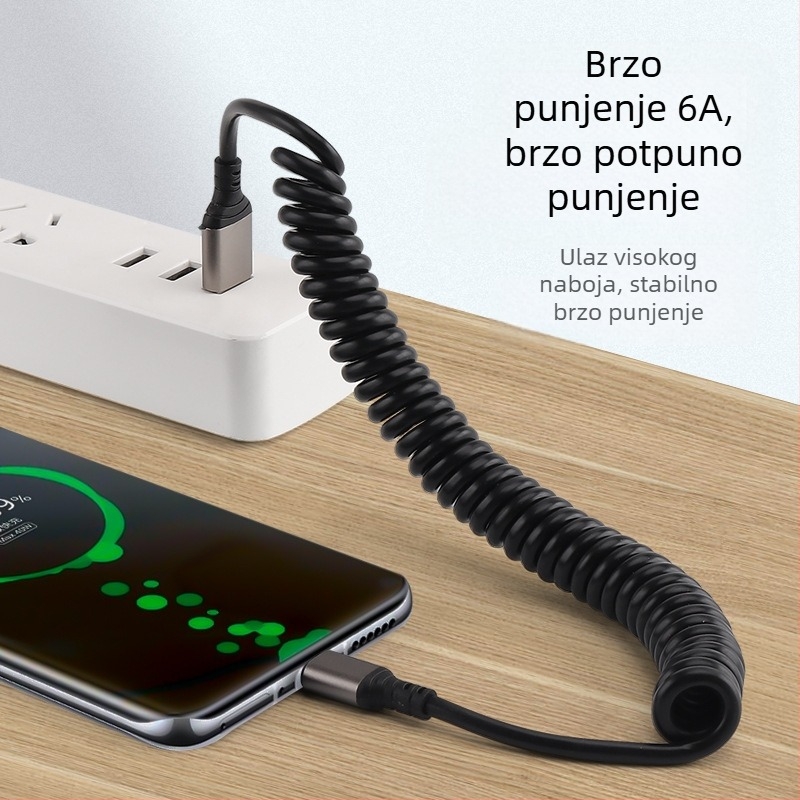 Automobilski izvučni punjački kabel (Lightning i Type-C) 66W, 6A brzo punjenje, materijal: TPE + aluminijska legura