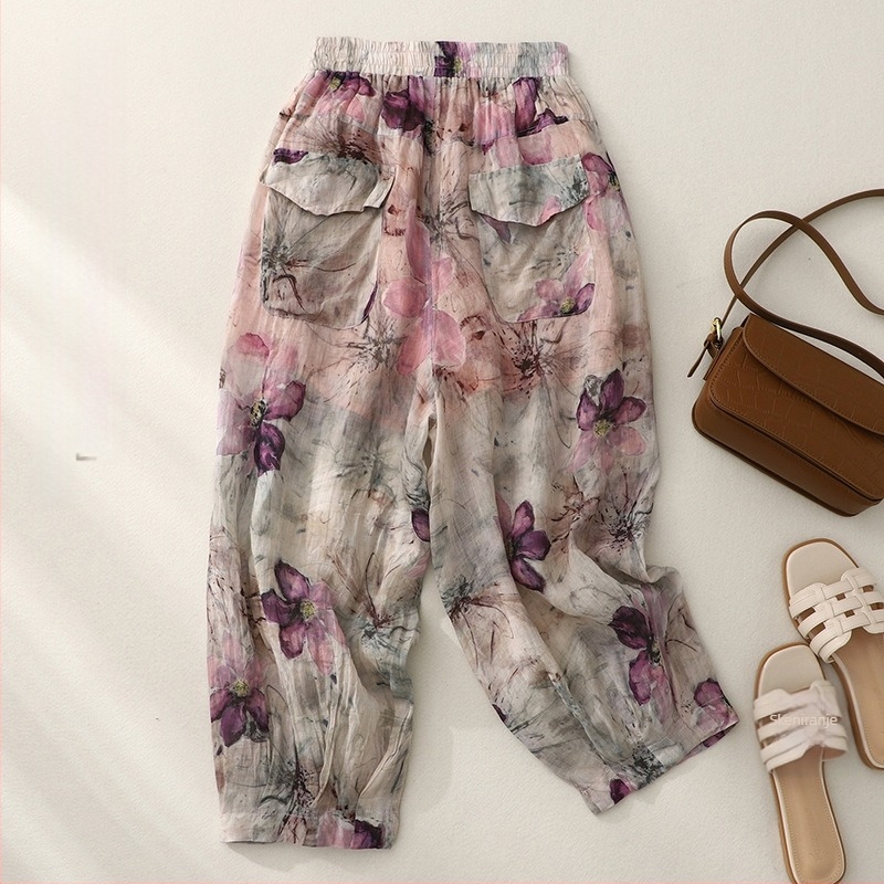 Ženske hlače s printom, opuštene do gležnja, mješavina konoplje i lana, bloomers stil, tanak materijal, 95% sadržaj lana