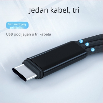 3-u-1 USB-C/Lightning/Micro USB pleteni kabel za punjenje s PD brzim punjenjem, 22.5W, 1:3 razdvajanje
