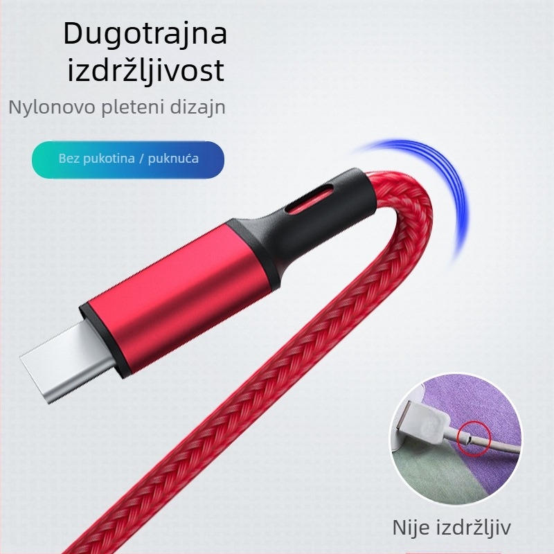 3-u-1 USB-C/Lightning/Micro USB pleteni kabel za punjenje s PD brzim punjenjem, 22.5W, 1:3 razdvajanje