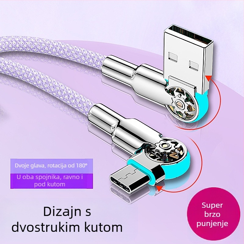 3-u-1 kabel za brzo punjenje i prijenos podataka USB-C/Lightning/Micro-USB, dvostruki zavoj rotirajućeg spoja, tkani materijal, jednokanalni priključak