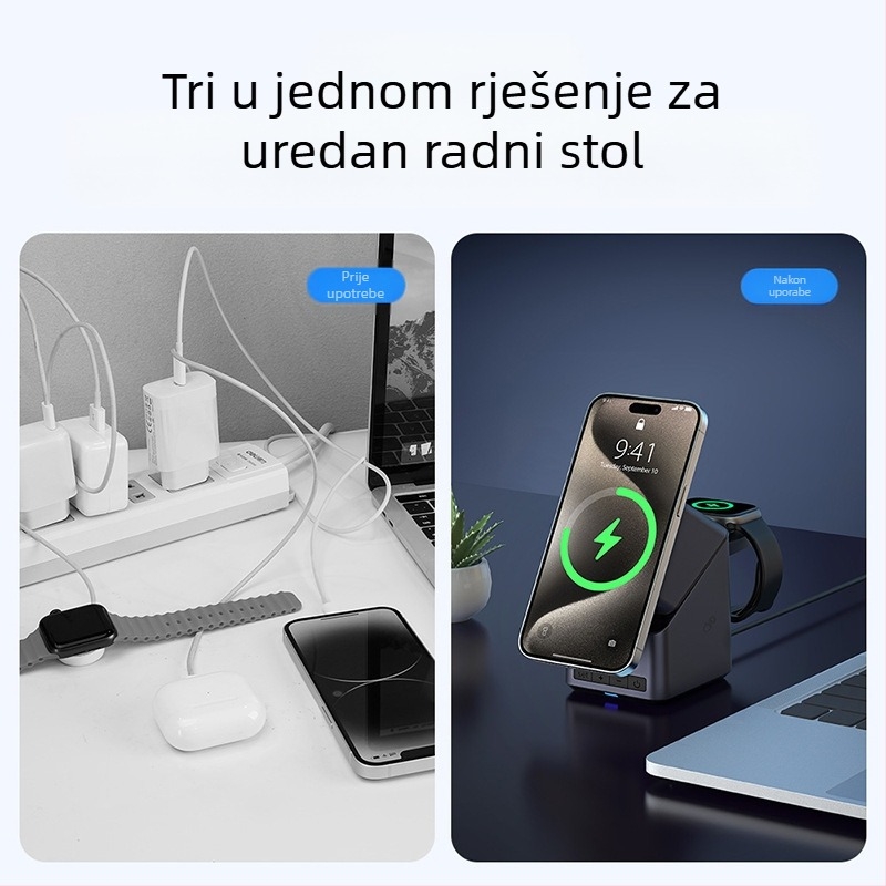 Bežični punjač s 180° dodirnom podešavanjem, četvero-u-jednoj rotirajućoj bazi, magnetsko bežično punjenje, izlaz 5–15W