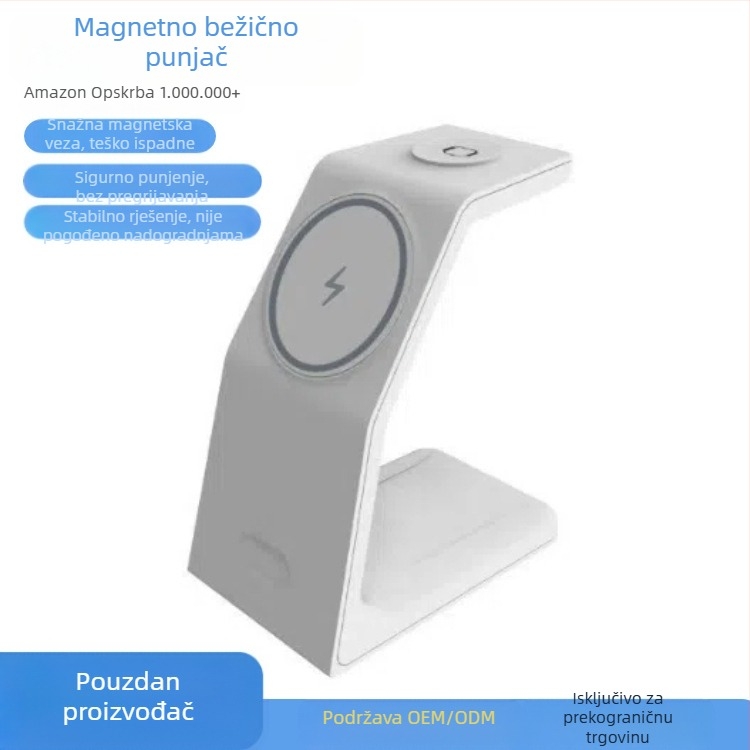 3-u-1 magnetski bežični punjač za brzo punjenje, izlaz 15W, QC3.0, kompatibilan s Apple Watch i MagSafe slušalicama