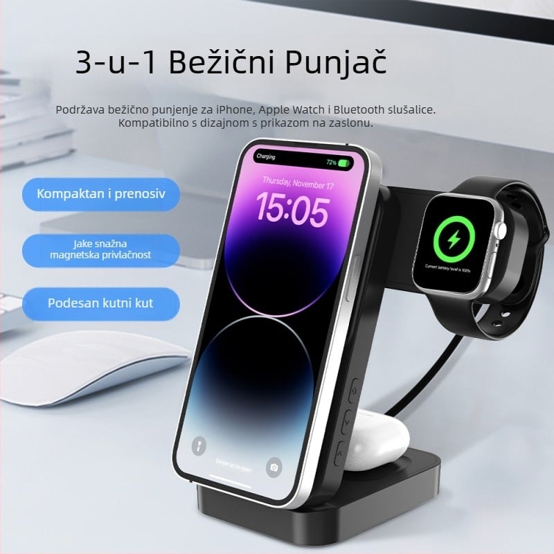 3-u-1 bežični punjač za satove, slušalice i mobitele – QC3.0 brzo punjenje – magnetski okretni zaslon snage – izlaz 15W (ukupno 23W)