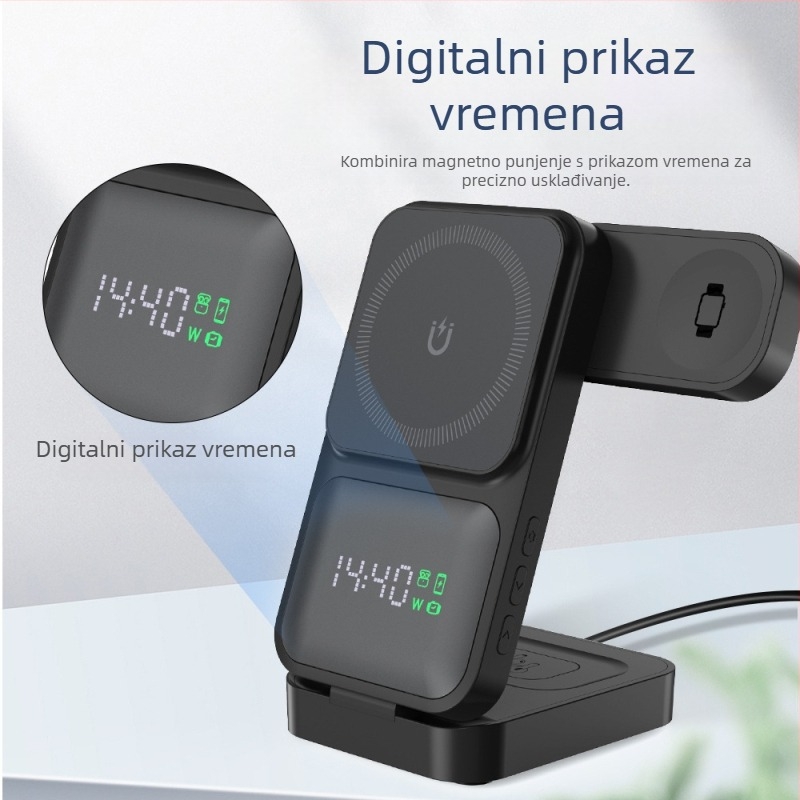 3-u-1 bežični punjač za satove, slušalice i mobitele – QC3.0 brzo punjenje – magnetski okretni zaslon snage – izlaz 15W (ukupno 23W)