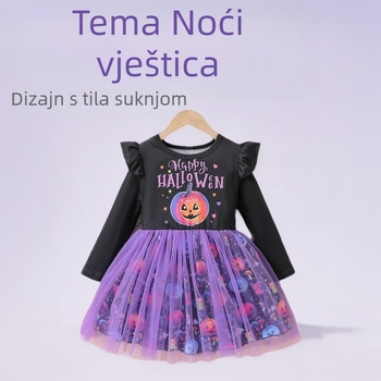 Dječja haljina princeze s patchwork mrežom i all-over otiskom tikve i slova – dugi rukavi, poliester podstava od pamuka za djecu uzrasta 3–8 godina