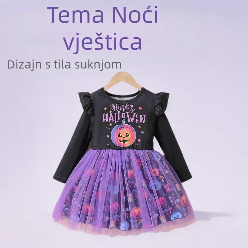 Dječja haljina princeze s patchwork mrežom i all-over otiskom tikve i slova – dugi rukavi, poliester podstava od pamuka za djecu uzrasta 3–8 godina