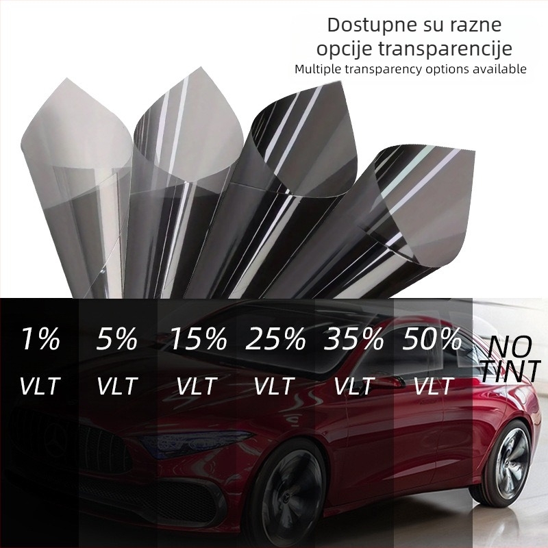 Solni film za autosklo, PET materijal, UV zaštita 80–99%, toplinska izolacija 25–55%, prijenos svjetla 1–50%, debljina filma 1 mil