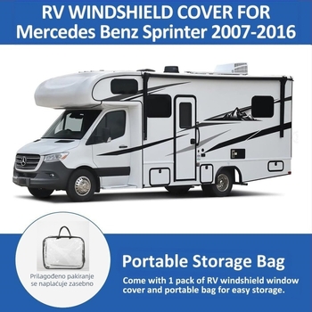 Sun shade za Mercedes-Benz Sprinter 515 RV – aluminijska folija, ugrađena instalacija, prugasti uzorak, minimalistički stil, prilagođeno integriranim prednjim i bočnim prozorima