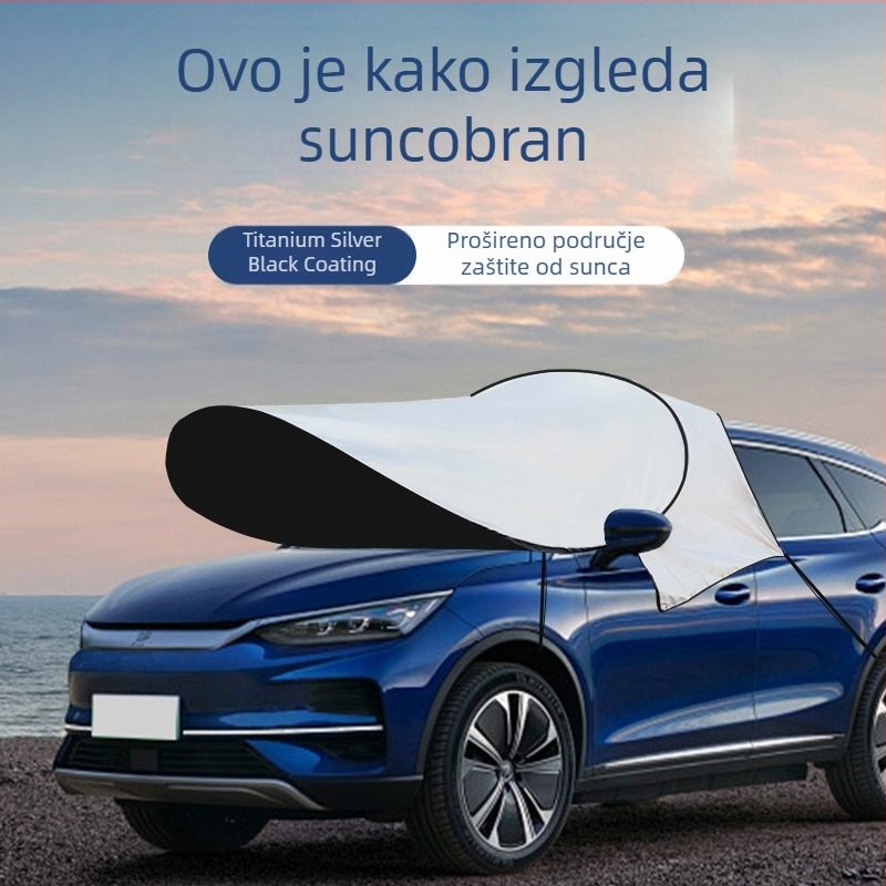Sjenilo za prednje staklo automobila – aluminijska folija, teleskopska ugradnja, pokrivena prednja zona; prilagodljiva obrada i tisk logotipa