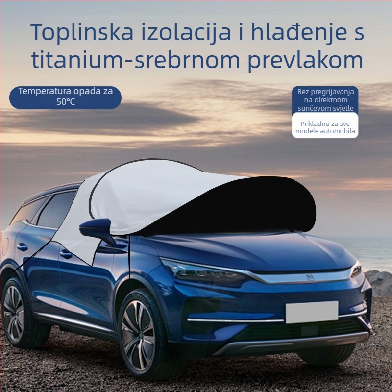 Sjenilo za prednje staklo automobila – aluminijska folija, teleskopska ugradnja, pokrivena prednja zona; prilagodljiva obrada i tisk logotipa