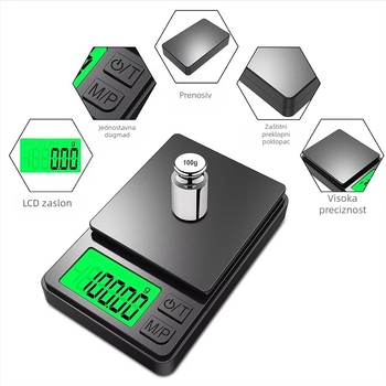 HT T2 Juvelirska vaga, elektronska džepna vaga, kapacitet 1000 g, napajanje 2x AAA, prilagođavanje dostupno