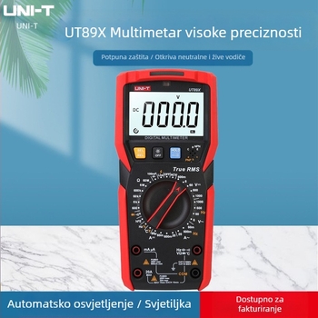 UT89X Visoko precizan digitalni multimetar; ručni, profesionalna upotreba; DC/AC napon 0,1 mV–1000 V; DC/AC struja do 20 A; kapacitet 1 pF–100 mF; spremanje podataka, automatski raspon