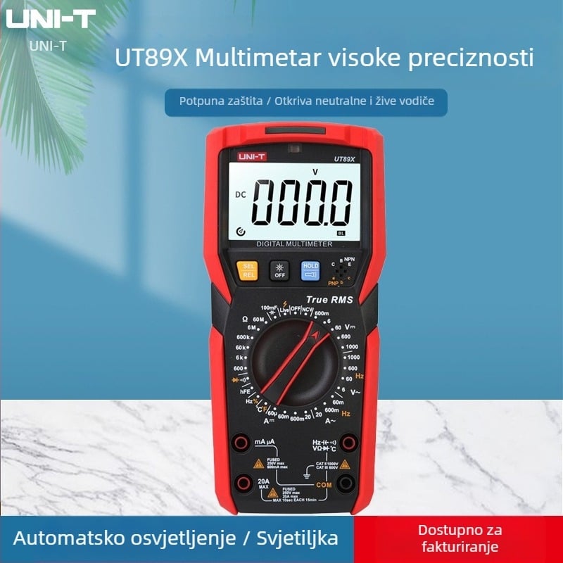 UT89X Visoko precizan digitalni multimetar; ručni, profesionalna upotreba; DC/AC napon 0,1 mV–1000 V; DC/AC struja do 20 A; kapacitet 1 pF–100 mF; spremanje podataka, automatski raspon