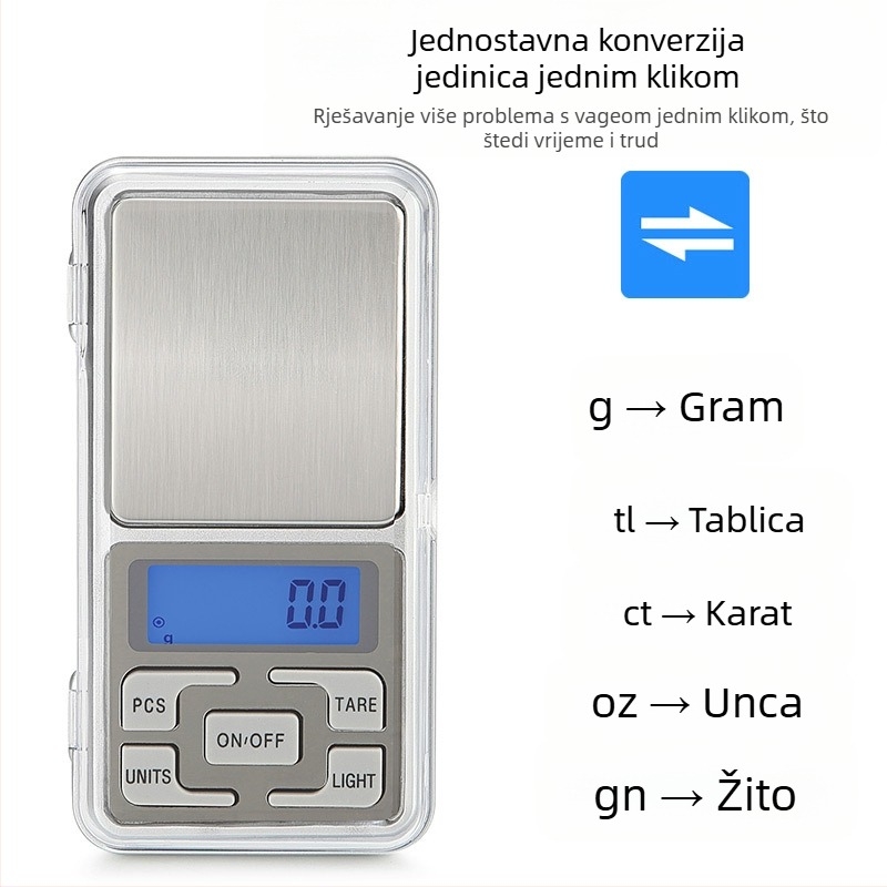 DH-668 elektronička vaga za kućnu upotrebu, kompaktna prijenosna vaga, elektroničko mjerenje, napajanje 2×AAA, višefunkcionalna, raspon mjerenja do 500 g