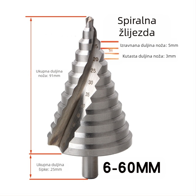 Step drill s spiralnim utorima, pagoda stil, model 4241 trokutasti držač, HSS, ukupna duljina 110 mm, kut vrha 86°