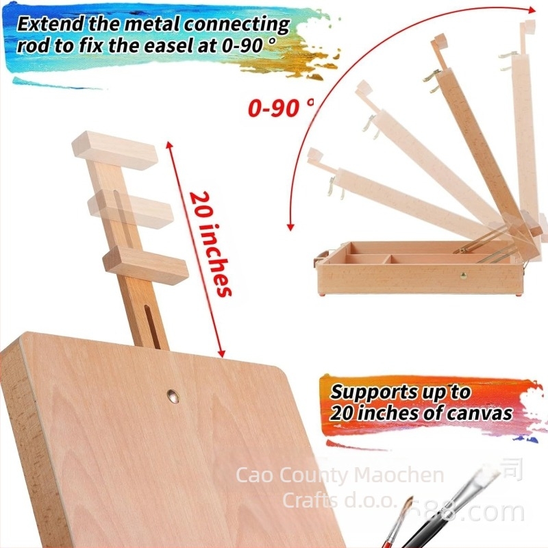 Drvena kutija za slikarski stalak – prirodno drvo, kutija za skladištenje alata za skice, otisnut logotip