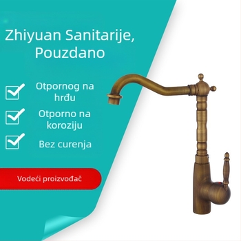 Cjelovito bakrena slavina za umivaonik, europski stil, antikni dizajn, s rotirajućim izljevom, za ploču i ispod ploče (Materijal: bakar; Funkcija: miješanje; Ugradnja: na ploču; Promjer ulaza/izlaza: 6; Promjer sjedišta ventila: 5)