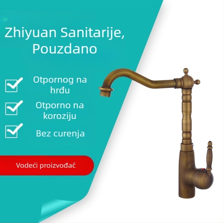 Cjelovito bakrena slavina za umivaonik, europski stil, antikni dizajn, s rotirajućim izljevom, za ploču i ispod ploče (Materijal: bakar; Funkcija: miješanje; Ugradnja: na ploču; Promjer ulaza/izlaza: 6; Promjer sjedišta ventila: 5)