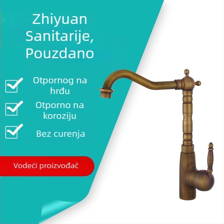 Cjelovito bakrena slavina za umivaonik, europski stil, antikni dizajn, s rotirajućim izljevom, za ploču i ispod ploče (Materijal: bakar; Funkcija: miješanje; Ugradnja: na ploču; Promjer ulaza/izlaza: 6; Promjer sjedišta ventila: 5)