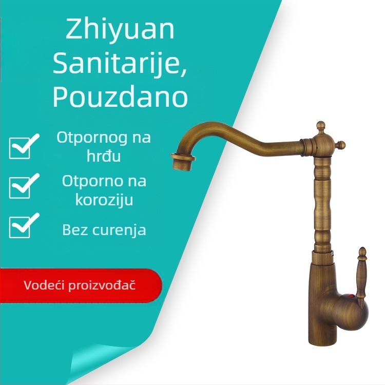 Cjelovito bakrena slavina za umivaonik, europski stil, antikni dizajn, s rotirajućim izljevom, za ploču i ispod ploče (Materijal: bakar; Funkcija: miješanje; Ugradnja: na ploču; Promjer ulaza/izlaza: 6; Promjer sjedišta ventila: 5)
