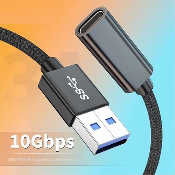 USB-A muški na USB-C ženski adapter, produžni kabel s pletenim dizajnom, prijenos podataka, Type-C sučelje, brzo punjenje