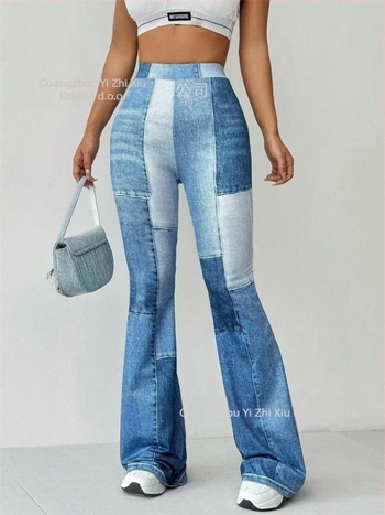 Ženske hlače u vintage denimu, visokim strukom, blago proširene, dvobojno šivanje, poliester tkanina