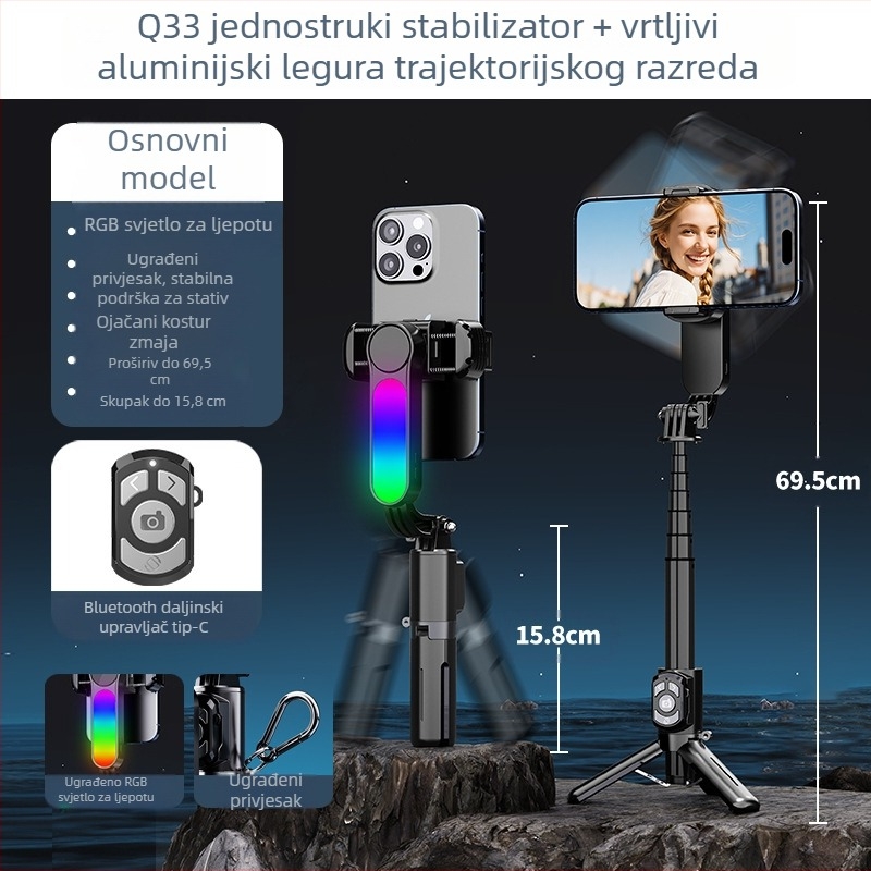 Q33 RGB Mini Selfie Štap sa Stabilizatorom, Produživi, RGB Svjetlo, Bluetooth Daljinski Upravljač, Tripod za Telefon