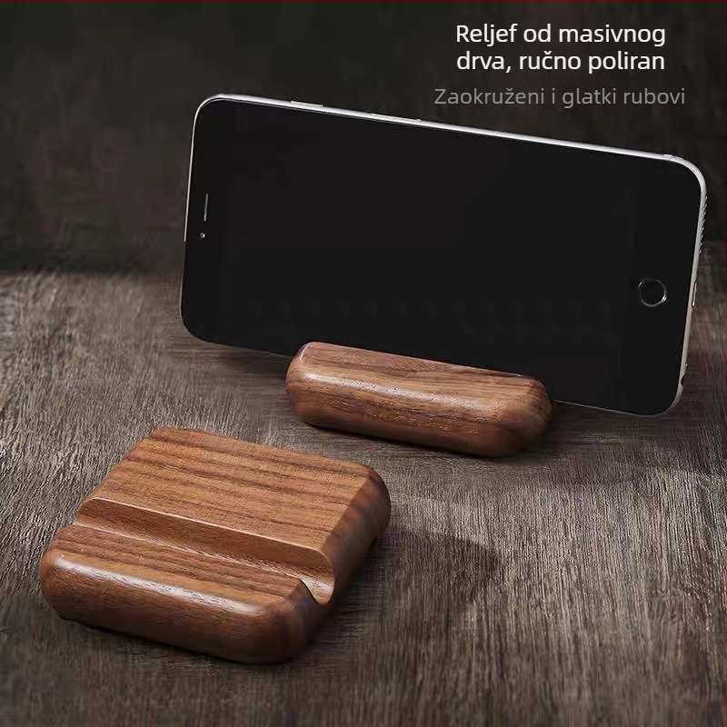 Držač za mobitel od orahovog i bukovog drveta, čvrsta drvena podloga, graviranje logotipa, moderan minimalistički stil