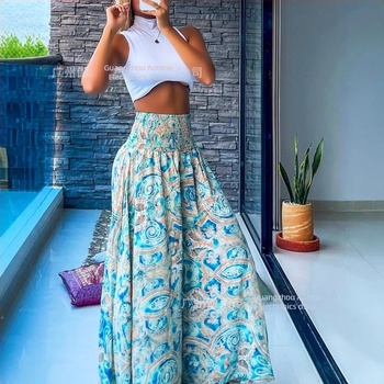 Hlače s visokim strukom, podesivi pojas, široke hlače s A-linijom, jednobojna poliester tkanina, proljeće 2024