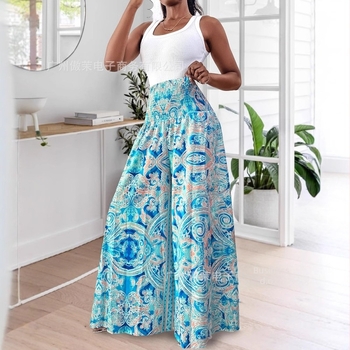 Hlače s visokim strukom, podesivi pojas, široke hlače s A-linijom, jednobojna poliester tkanina, proljeće 2024