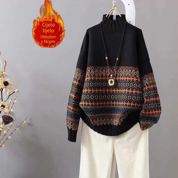 Kardigan od poliesterskog pletenja, opuštenog kroja, dugi rukavi, poluvisoki ovratnik, duljina 50–65 cm, jesen-zimski gradski stil džempera