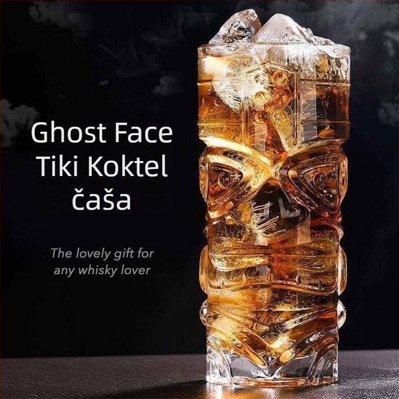 Three Carats Staklena Tiki Čaša za Koktele s Dizajnom Grimase, Zapremina 301-400 ml, Lagodan Retro Stil