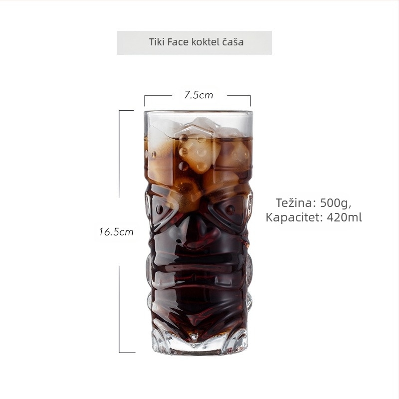 Three Carats Staklena Tiki Čaša za Koktele s Dizajnom Grimase, Zapremina 301-400 ml, Lagodan Retro Stil