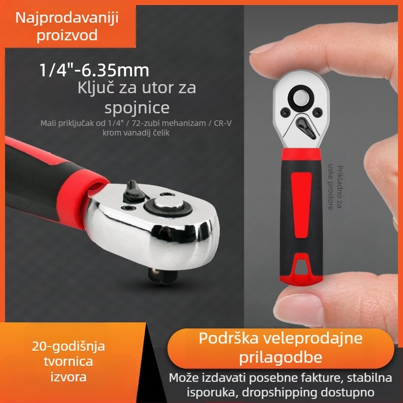 Socket ključ, dvostrani 72-zubi mehanizam, visok moment, mala ručka (Brand: Hi character ma; Materijal: krom-vanadij čelik; Površina: elektroplatiranje; Tip: socket ključ)