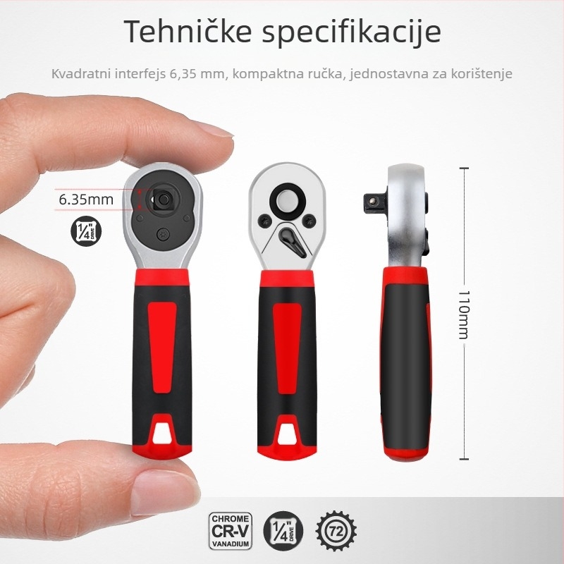 Socket ključ, dvostrani 72-zubi mehanizam, visok moment, mala ručka (Brand: Hi character ma; Materijal: krom-vanadij čelik; Površina: elektroplatiranje; Tip: socket ključ)