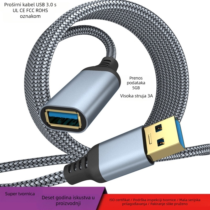 USB 3.0 produžni kabel, Mini USB sučelje, jednokonacni konektor, prošireni prijenos podataka, maksimalna snaga 60W, kućište od aluminijske legure, bakreno jezgro, najlonska pletenica