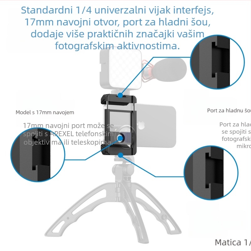 Vanjski objektiv za mobitel s univerzalnim 17 mm sučeljem, klip s protuklizantom jastučićem, aluminijsko tijelo, kompatibilan s tripodom