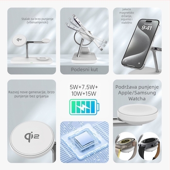 Qi2 magnetsko-bežični punjački držač 15W – 3-u-1, QC3.0 brzo punjenje, magnetsko usklađivanje, izlaz 1.67A