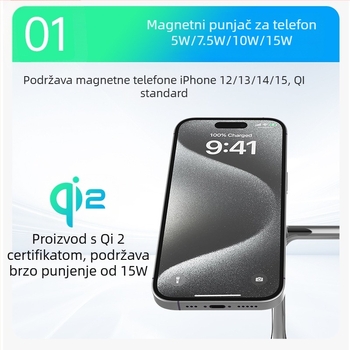 Qi2 magnetsko-bežični punjački držač 15W – 3-u-1, QC3.0 brzo punjenje, magnetsko usklađivanje, izlaz 1.67A